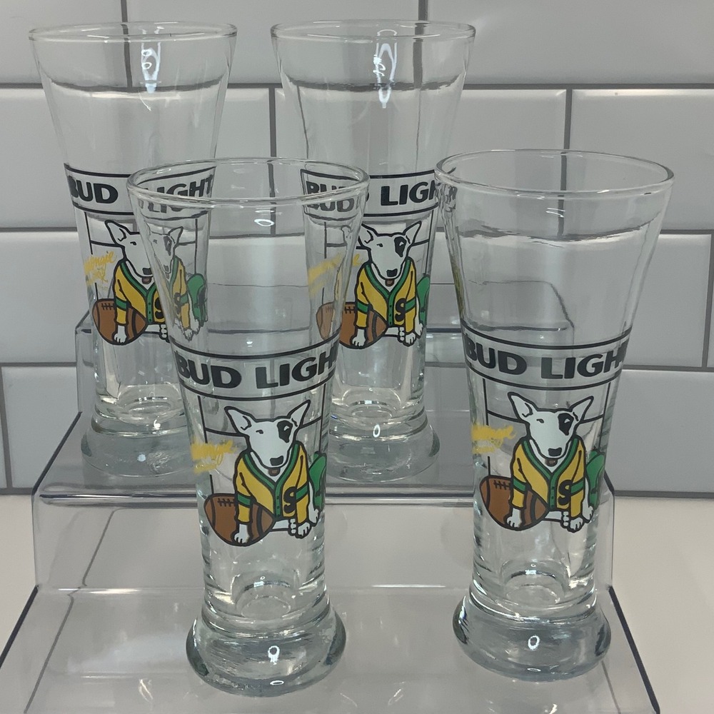 Vintage Bud Light Spuds MacKenzie Football 1987 Glass Clear Set of 4 8in